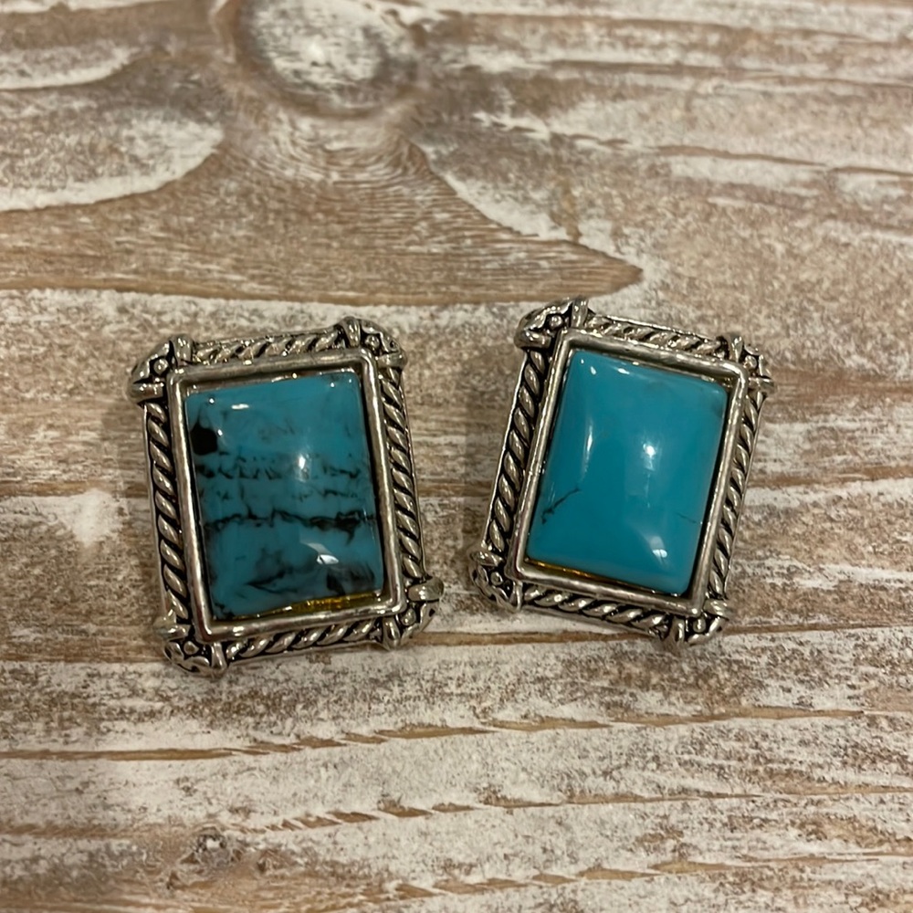 Vintage Antique Southwestern Turquoise Silver Large Rectangle Earrings